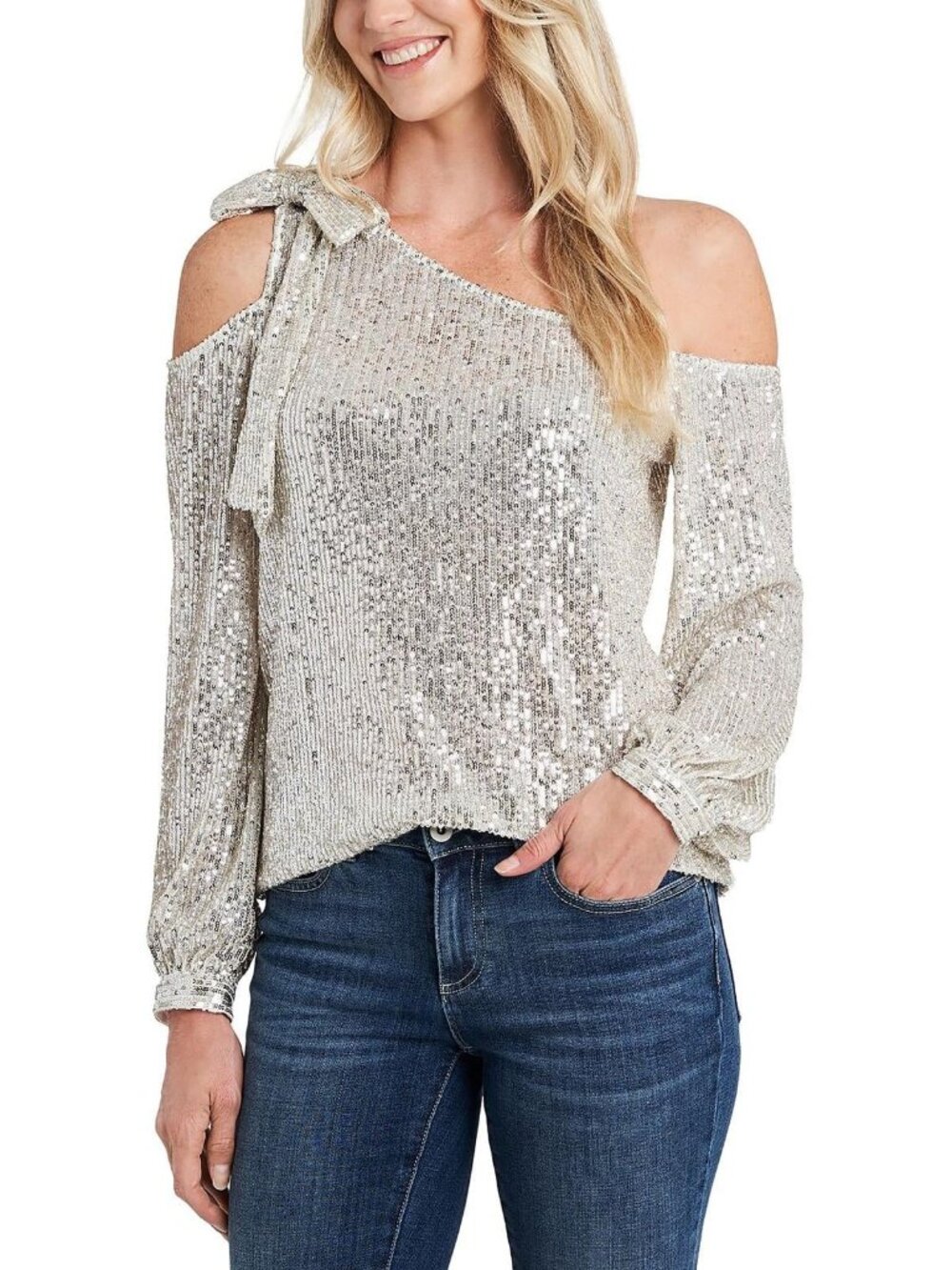 CeCe Women Sequined One Shoulder Blouse Champagne Size XL White Silver MSRP $89